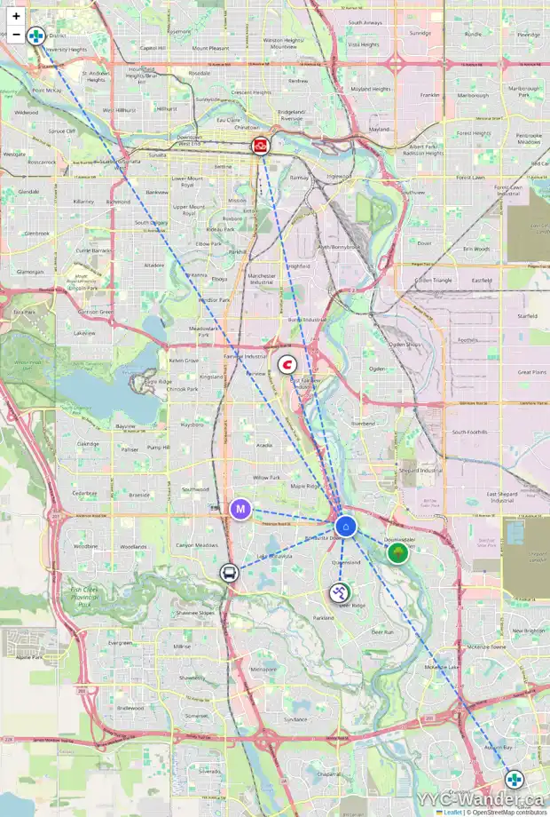 Daily accessibility map for 12050 DIAMOND VW SE, Calgary showing nearby schools, grocery stores, parks, LRT stations and nearby amenities