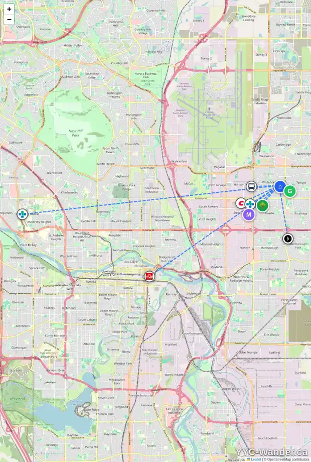 Daily accessibility map for 3815 49 ST NE, Calgary showing nearby schools, grocery stores, parks, LRT stations and nearby amenities
