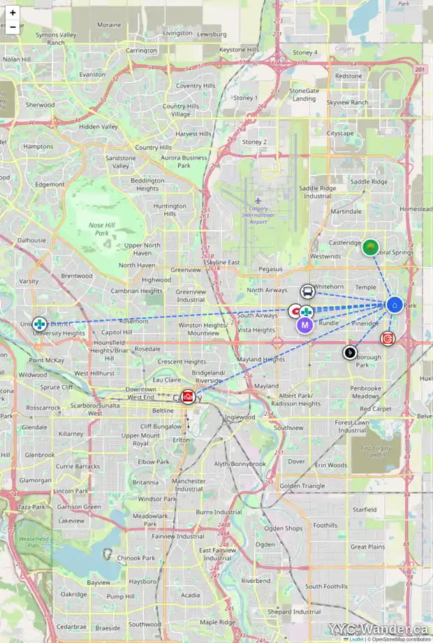 Daily accessibility map for 129 LAGUNA CL NE, Calgary showing nearby schools, grocery stores, parks, LRT stations and nearby amenities