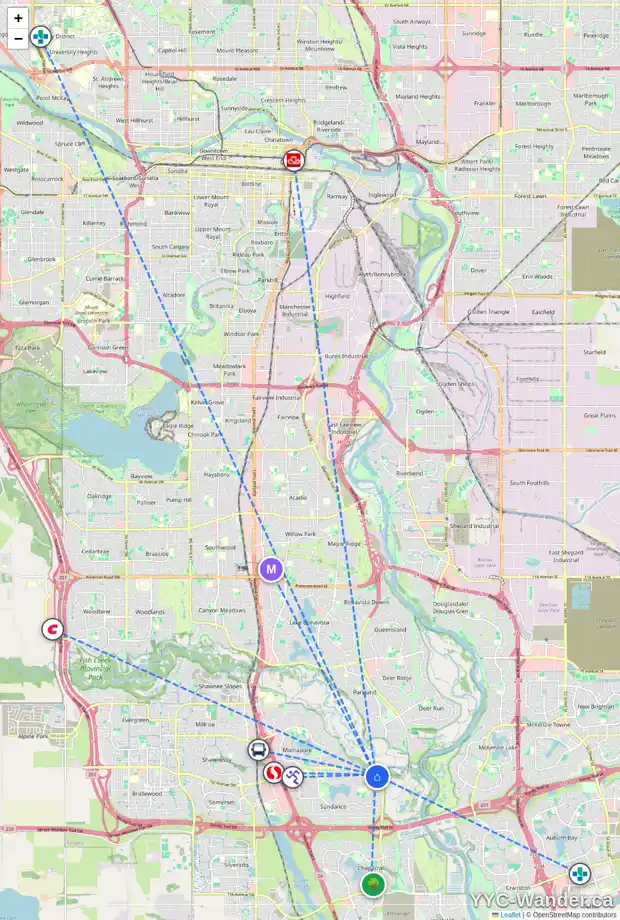 Daily accessibility map for 352 SUN VALLEY DR SE, Calgary showing nearby schools, grocery stores, parks, LRT stations and nearby amenities