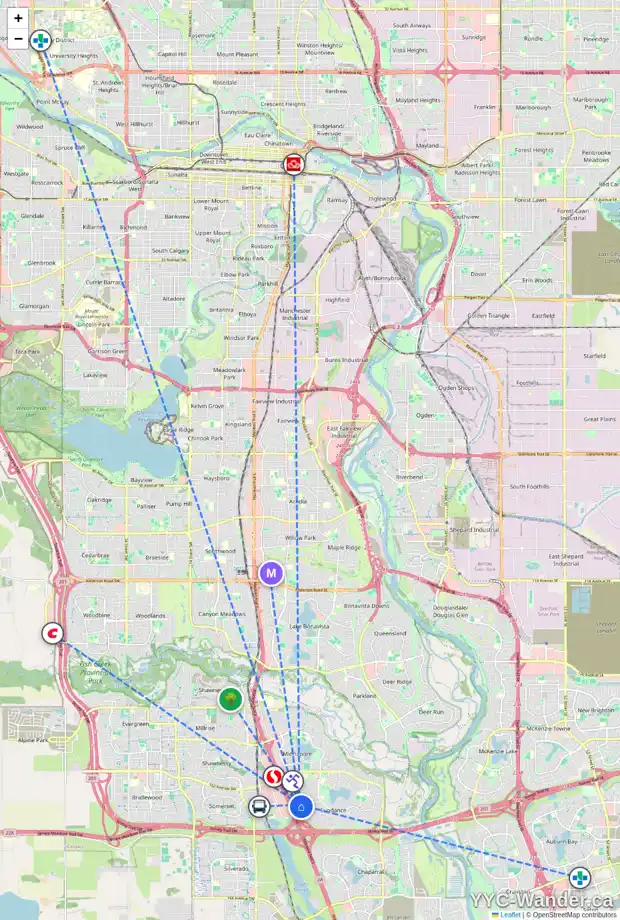Daily accessibility map for 93 SUNDOWN CL SE, Calgary showing nearby schools, grocery stores, parks, LRT stations and nearby amenities