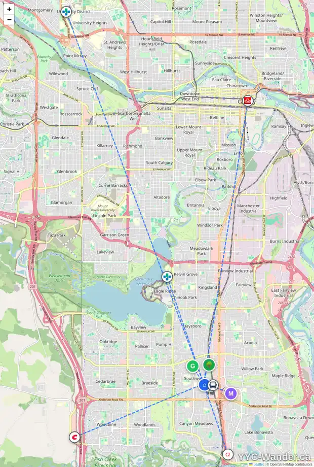 Daily accessibility map for 10831 SACRAMENTO DR SW, Calgary showing nearby schools, grocery stores, parks, LRT stations and nearby amenities