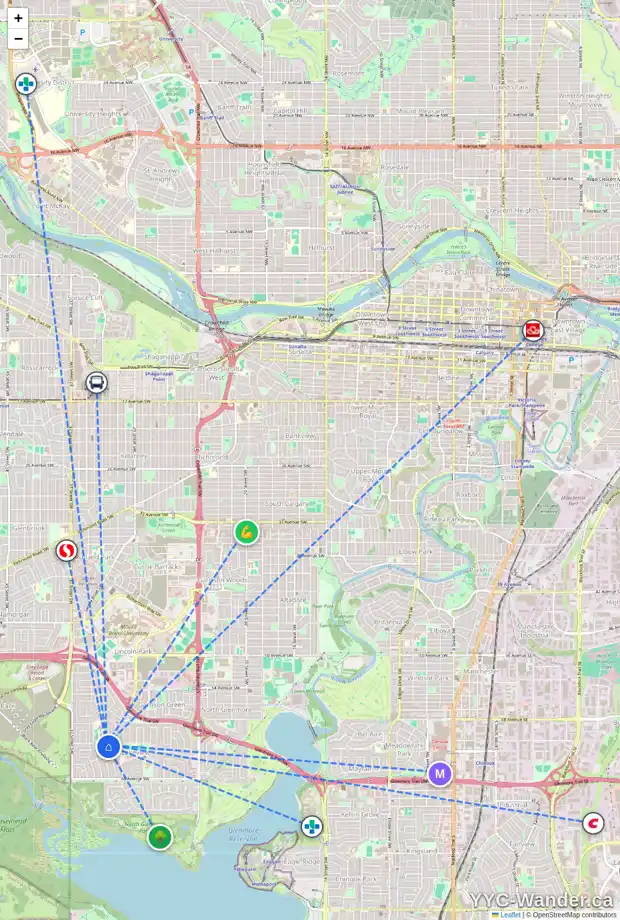Daily accessibility map for 6115 LEWIS DR SW, Calgary showing nearby schools, grocery stores, parks, LRT stations and nearby amenities