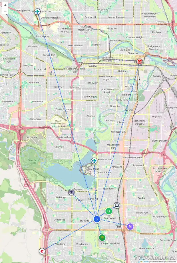 Daily accessibility map for 80 BRALORNE CR SW, Calgary showing nearby schools, grocery stores, parks, LRT stations and nearby amenities
