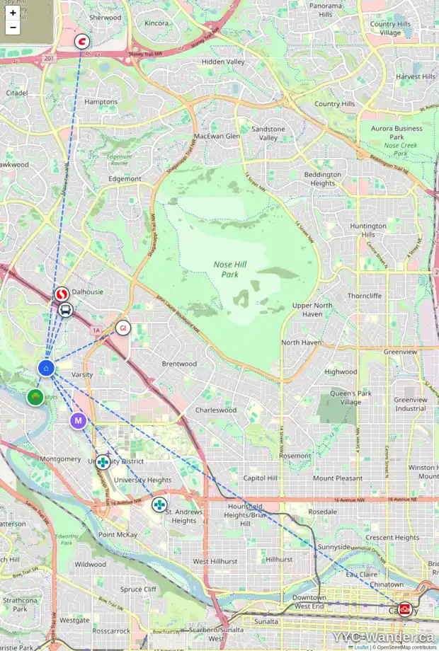 Daily accessibility map for 5435 VARSITY DR NW, Calgary showing nearby schools, grocery stores, parks, LRT stations and nearby amenities