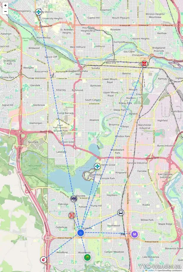 Daily accessibility map for 924 BRACEWOOD RI SW, Calgary showing nearby schools, grocery stores, parks, LRT stations and nearby amenities