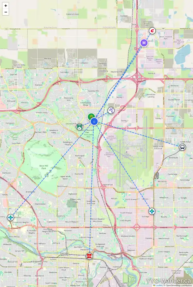 Daily accessibility map for 25 HARVEST GLEN CO NE, Calgary showing nearby schools, grocery stores, parks, LRT stations and nearby amenities