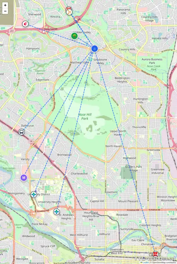 Daily accessibility map for 323 HIDDEN VALE PL NW, Calgary showing nearby schools, grocery stores, parks, LRT stations and nearby amenities