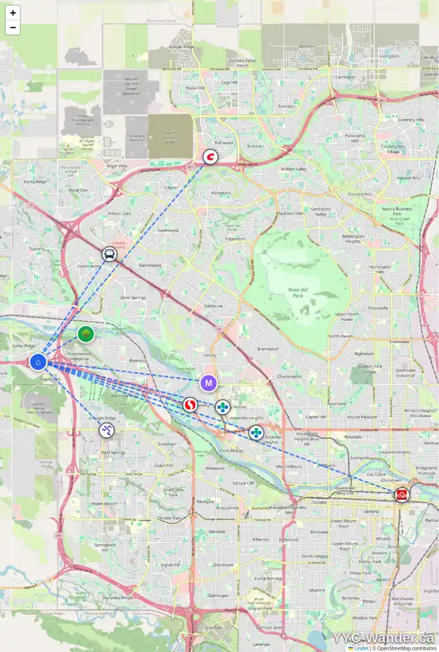 Daily accessibility map for 148 VALLEY MEADOW CL NW, Calgary showing nearby schools, grocery stores, parks, LRT stations and nearby amenities