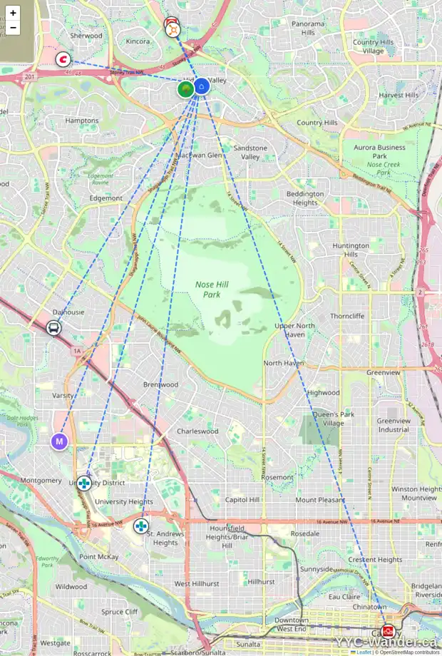 Daily accessibility map for 33 HIDDEN RIDGE CL NW, Calgary showing nearby schools, grocery stores, parks, LRT stations and nearby amenities