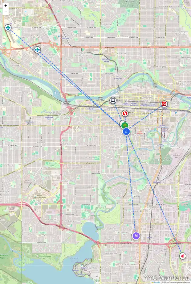 Daily accessibility map for 805 19 AV SW, Calgary showing nearby schools, grocery stores, parks, LRT stations and nearby amenities
