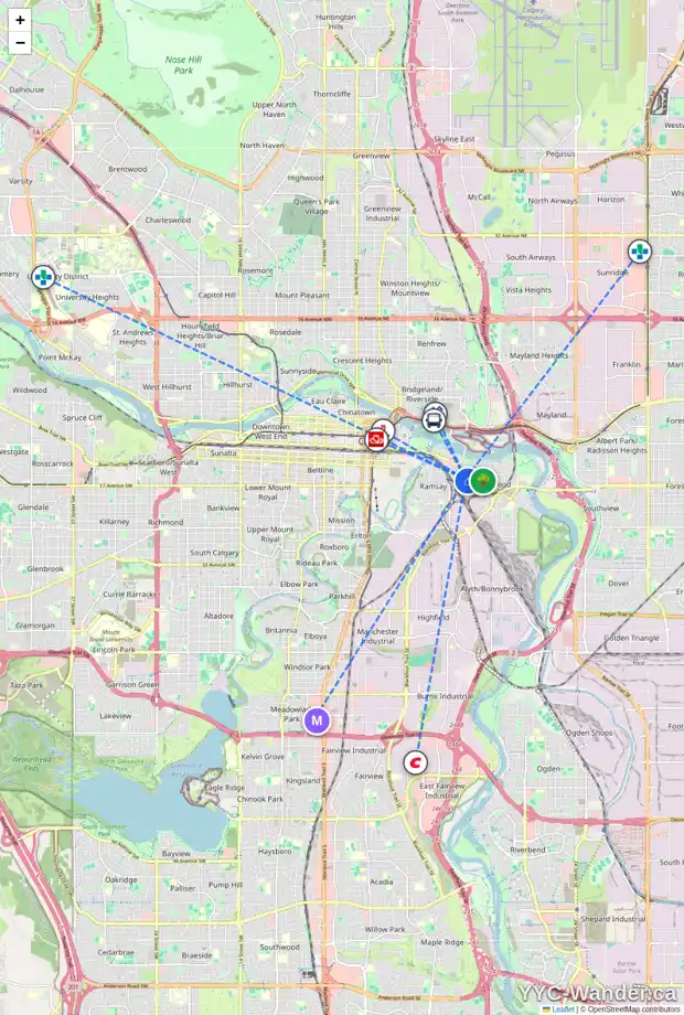 Daily accessibility map for 1405 10 AV SE, Calgary showing nearby schools, grocery stores, parks, LRT stations and nearby amenities