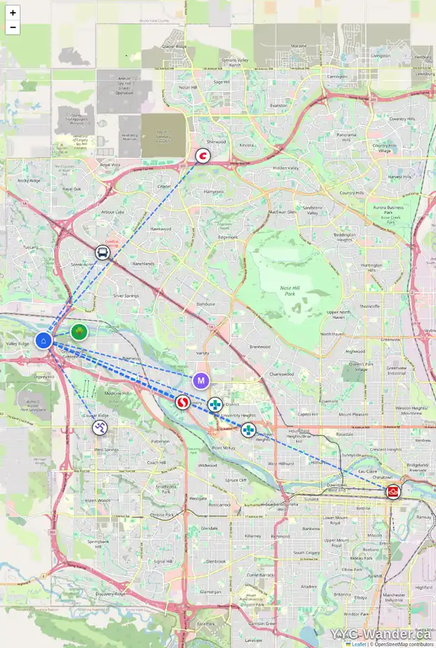 Daily accessibility map for 158 VALLEY GLEN HT NW, Calgary showing nearby schools, grocery stores, parks, LRT stations and nearby amenities