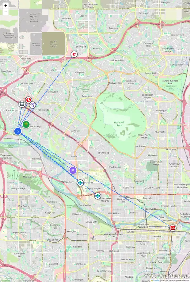 Daily accessibility map for 29 SCIMITAR HE NW, Calgary showing nearby schools, grocery stores, parks, LRT stations and nearby amenities
