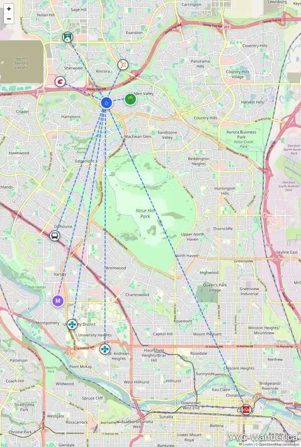 Daily accessibility map for 35 HIDDEN HILLS RD NW, Calgary showing nearby schools, grocery stores, parks, LRT stations and nearby amenities