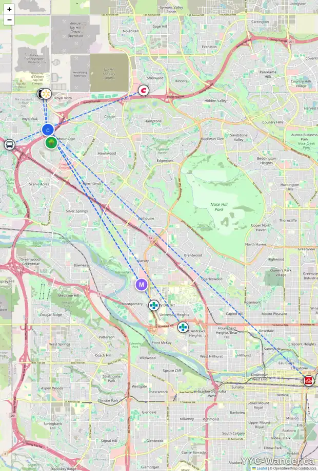 Daily accessibility map for 246 ROYAL CREST PL NW, Calgary showing nearby schools, grocery stores, parks, LRT stations and nearby amenities