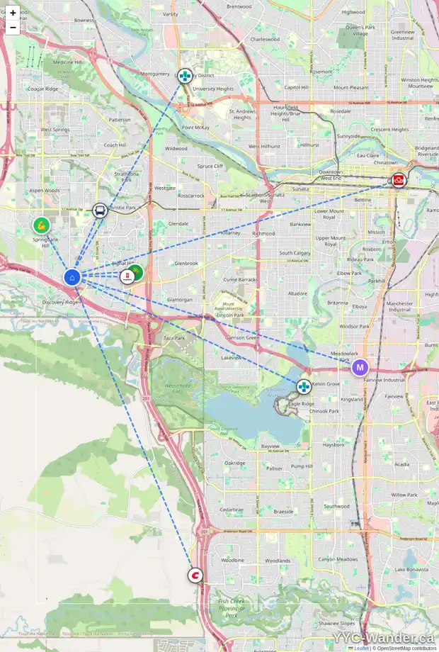 Daily accessibility map for 54 SPRINGBANK CR SW, Calgary showing nearby schools, grocery stores, parks, LRT stations and nearby amenities