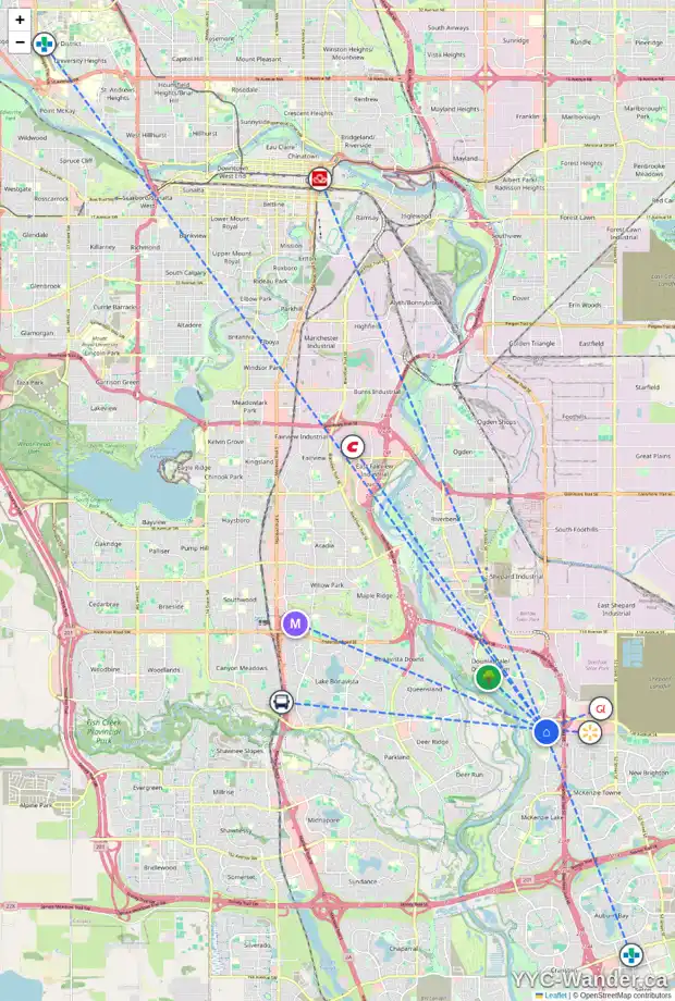 Daily accessibility map for 11 MT ABERDEEN MR SE, Calgary showing nearby schools, grocery stores, parks, LRT stations and nearby amenities