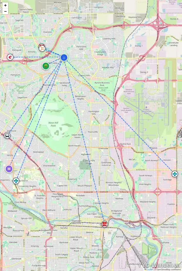 Daily accessibility map for 37 HIDDEN CREEK PA NW, Calgary showing nearby schools, grocery stores, parks, LRT stations and nearby amenities