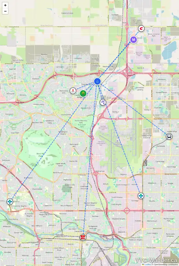 Daily accessibility map for 12787 COVENTRY HILLS WY NE, Calgary showing nearby schools, grocery stores, parks, LRT stations and nearby amenities
