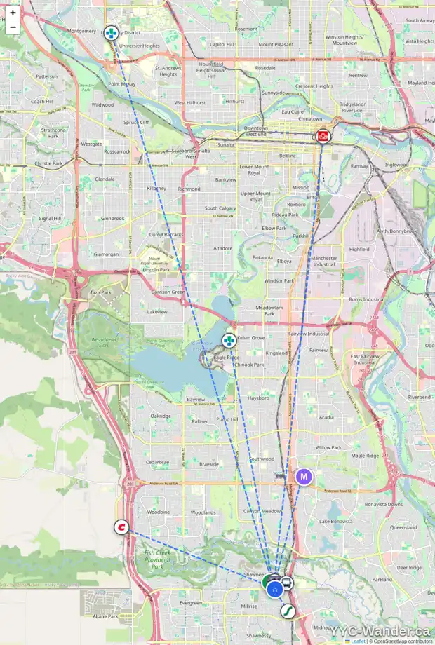 Daily accessibility map for 2202 14645 6 ST SW, Calgary showing nearby schools, grocery stores, parks, LRT stations and nearby amenities
