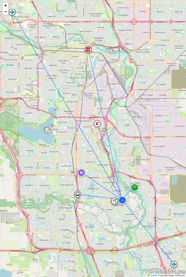 Daily accessibility map for 215 DEERCLIFF RD SE, Calgary showing nearby schools, grocery stores, parks, LRT stations and nearby amenities