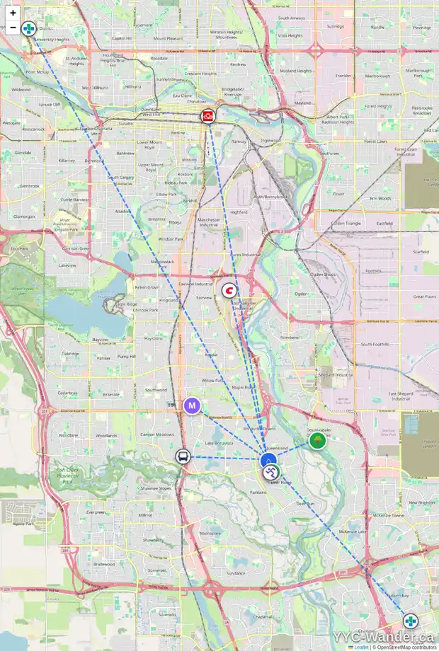 Daily accessibility map for 172 QUEENSLAND RD SE, Calgary showing nearby schools, grocery stores, parks, LRT stations and nearby amenities