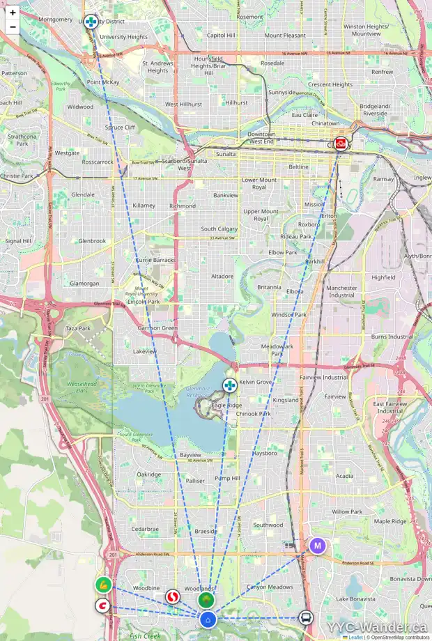 Daily accessibility map for 43 WOOD WILLOW BA SW, Calgary showing nearby schools, grocery stores, parks, LRT stations and nearby amenities