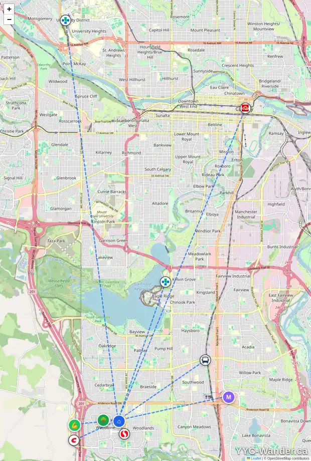 Daily accessibility map for 35 WOODGLEN GV SW, Calgary showing nearby schools, grocery stores, parks, LRT stations and nearby amenities