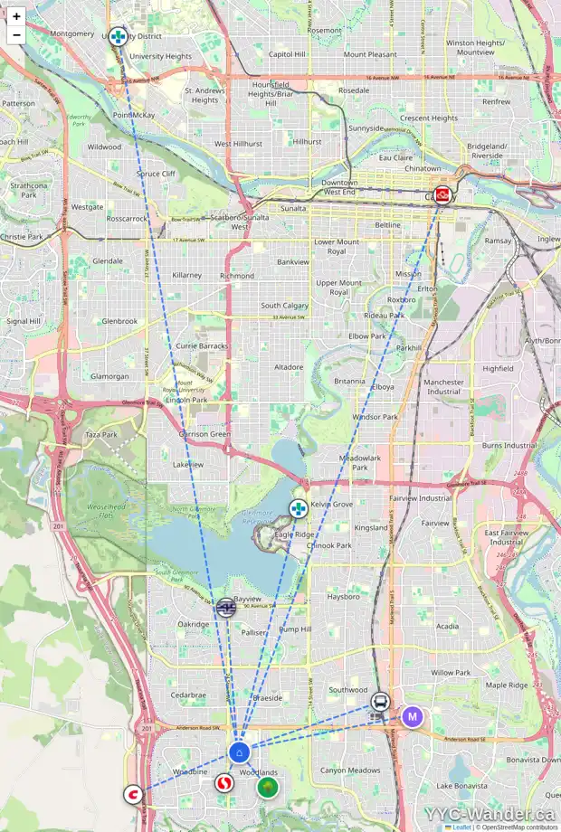 Daily accessibility map for 2315 WOODPARK AV SW, Calgary showing nearby schools, grocery stores, parks, LRT stations and nearby amenities