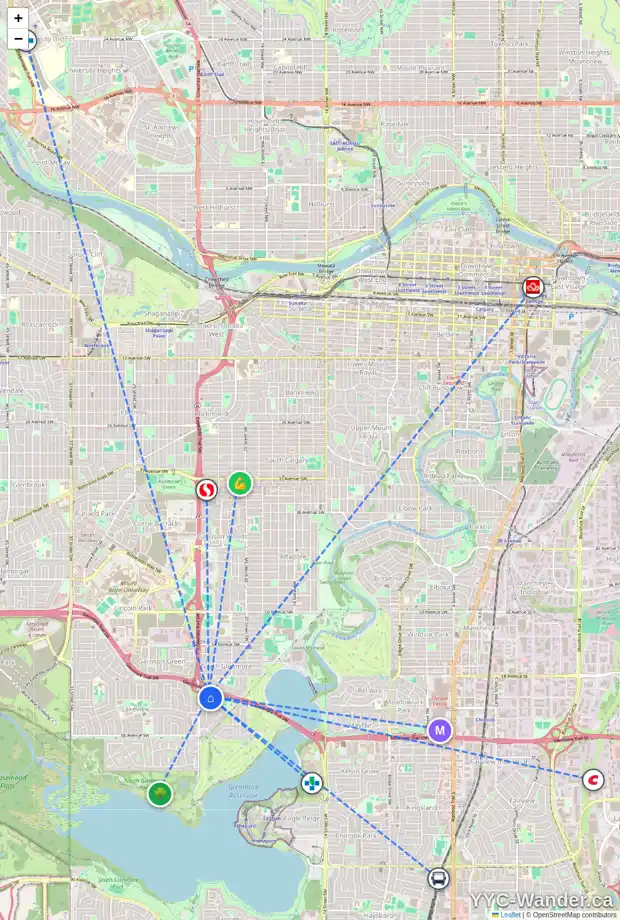 Daily accessibility map for 6311 LOMBARDY CR SW, Calgary showing nearby schools, grocery stores, parks, LRT stations and nearby amenities