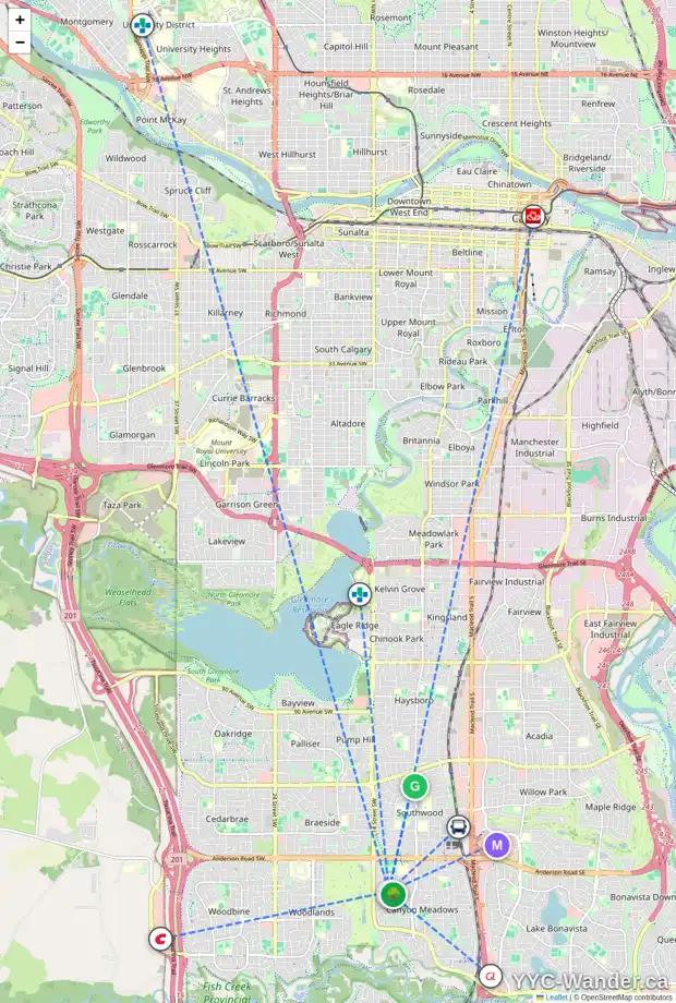 Daily accessibility map for 207 CANOVA PL SW, Calgary showing nearby schools, grocery stores, parks, LRT stations and nearby amenities