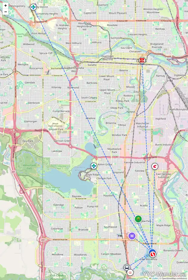 Daily accessibility map for 12240 LAKE LOUISE WY SE, Calgary showing nearby schools, grocery stores, parks, LRT stations and nearby amenities