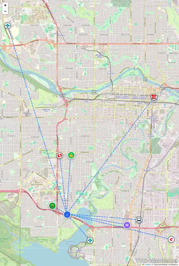 Daily accessibility map for 2232 LANGRIVILLE DR SW, Calgary showing nearby schools, grocery stores, parks, LRT stations and nearby amenities