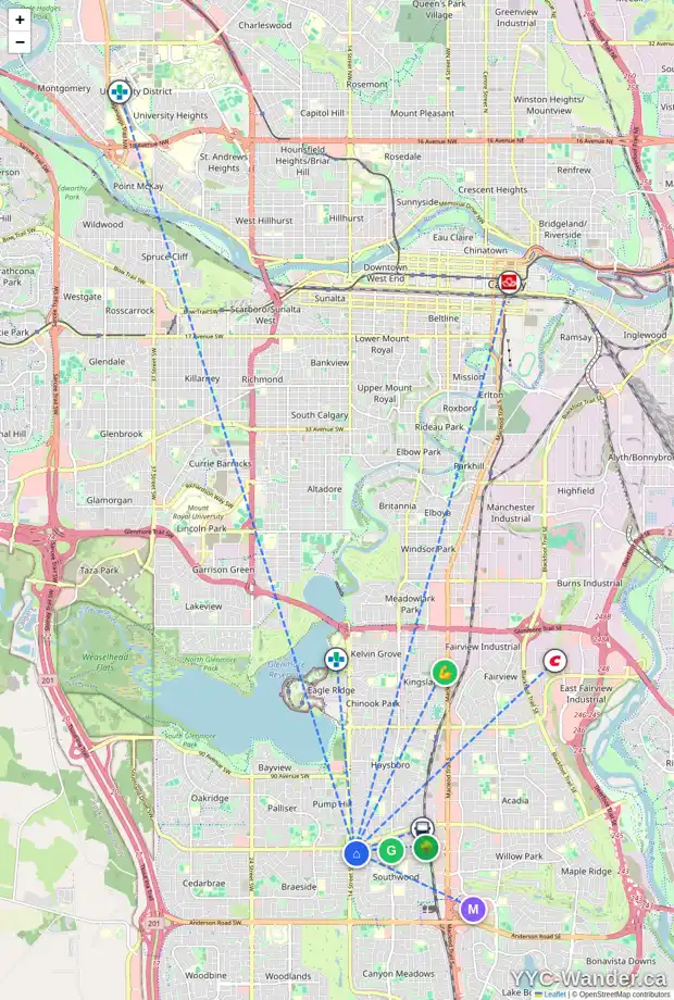 Daily accessibility map for 10407 SAXON PL SW, Calgary showing nearby schools, grocery stores, parks, LRT stations and nearby amenities