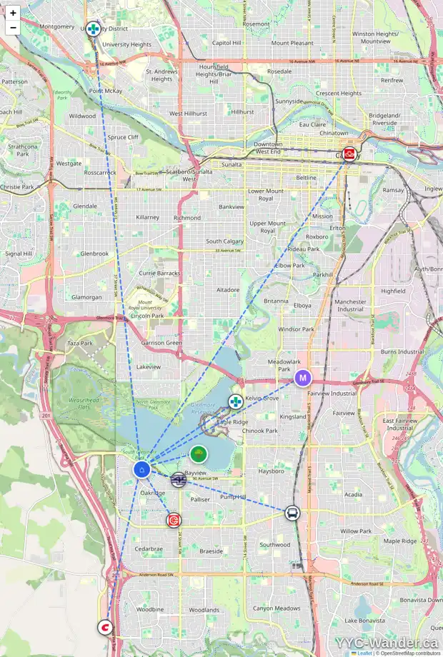 Daily accessibility map for 116 OAKFERN WY SW, Calgary showing nearby schools, grocery stores, parks, LRT stations and nearby amenities