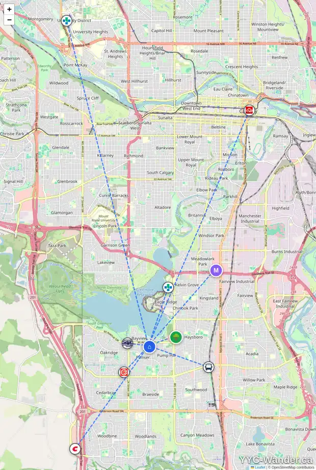 Daily accessibility map for 2105 90 AV SW, Calgary showing nearby schools, grocery stores, parks, LRT stations and nearby amenities
