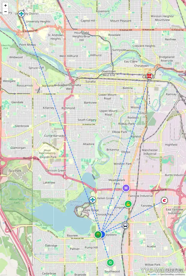 Daily accessibility map for 1319 89 AV SW, Calgary showing nearby schools, grocery stores, parks, LRT stations and nearby amenities