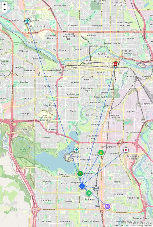 Daily accessibility map for 16 HILLGREEN PL SW, Calgary showing nearby schools, grocery stores, parks, LRT stations and nearby amenities