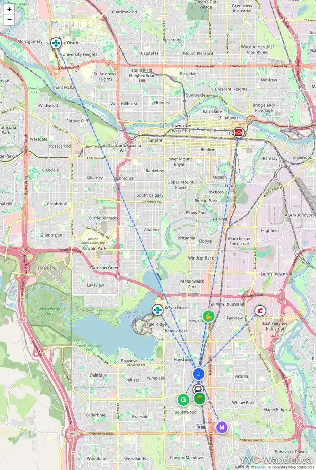 Daily accessibility map for 30 HARDISTY PL SW, Calgary showing nearby schools, grocery stores, parks, LRT stations and nearby amenities