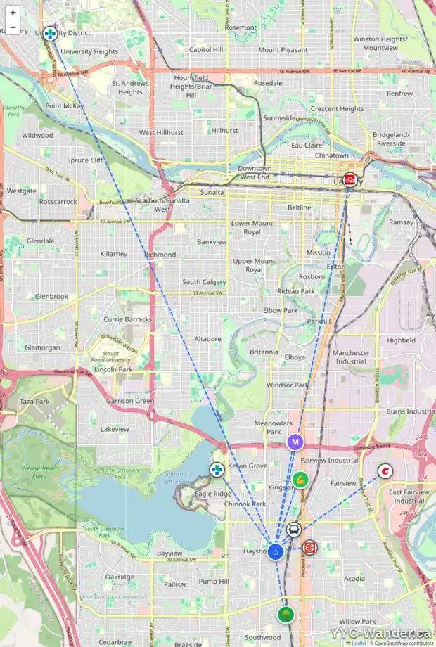 Daily accessibility map for 34 HOGARTH CR SW, Calgary showing nearby schools, grocery stores, parks, LRT stations and nearby amenities