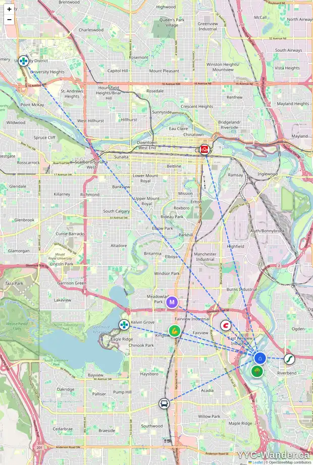 Daily accessibility map for 264 RIVERSIDE ME SE, Calgary showing nearby schools, grocery stores, parks, LRT stations and nearby amenities