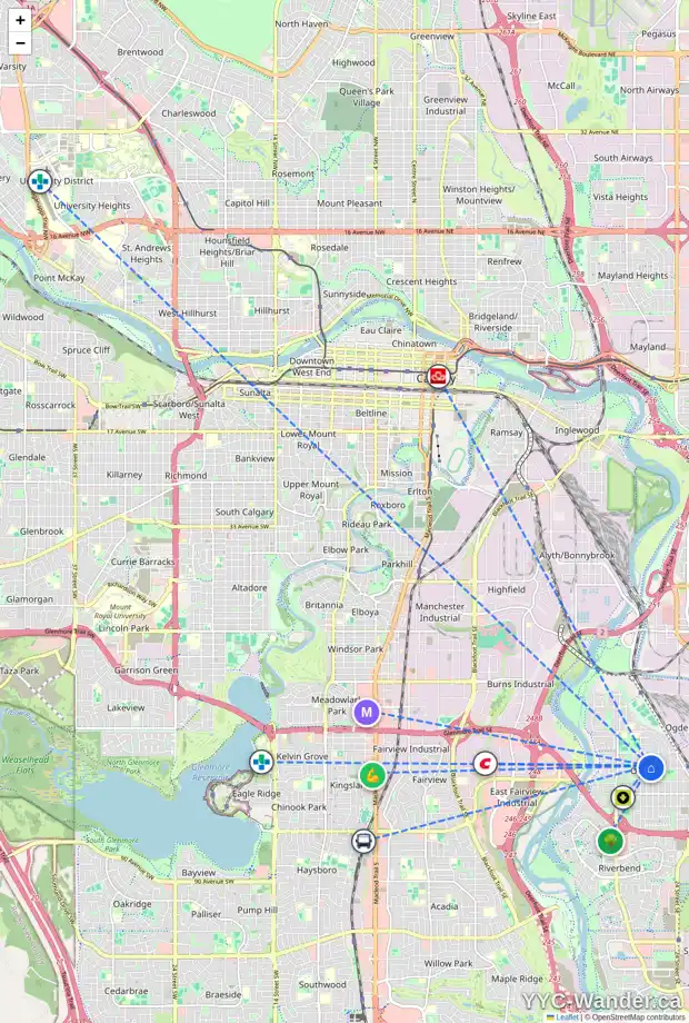 Daily accessibility map for 194 LYNNWOOD DR SE, Calgary showing nearby schools, grocery stores, parks, LRT stations and nearby amenities