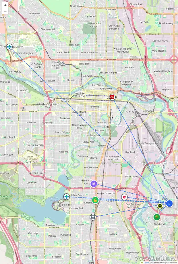 Daily accessibility map for 7421 22 ST SE, Calgary showing nearby schools, grocery stores, parks, LRT stations and nearby amenities