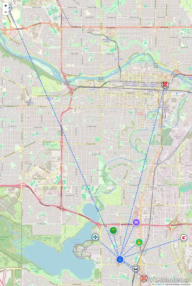 Daily accessibility map for 912 80 AV SW, Calgary showing nearby schools, grocery stores, parks, LRT stations and nearby amenities