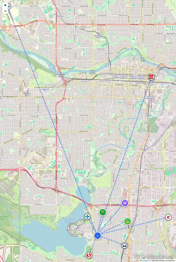 Daily accessibility map for 8008 CHARDIE RD SW, Calgary showing nearby schools, grocery stores, parks, LRT stations and nearby amenities