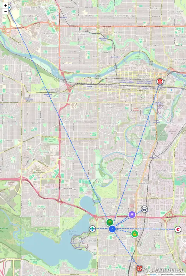 Daily accessibility map for 1027 KILDONAN CR SW, Calgary showing nearby schools, grocery stores, parks, LRT stations and nearby amenities