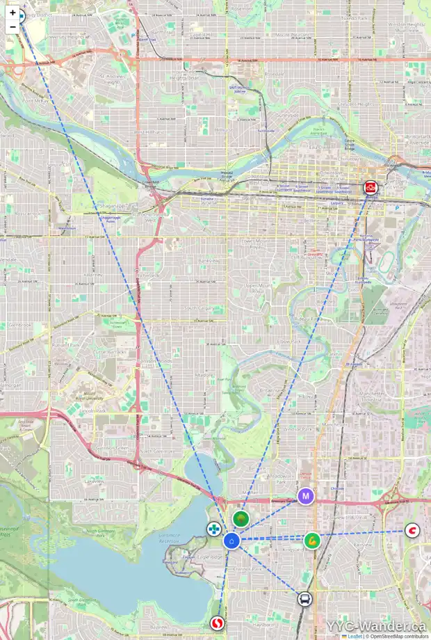 Daily accessibility map for 1412 KERWOOD CR SW, Calgary showing nearby schools, grocery stores, parks, LRT stations and nearby amenities