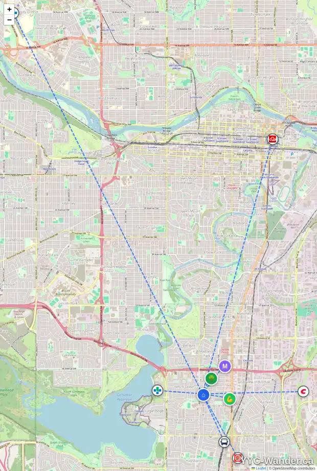 Daily accessibility map for 7303 7 ST SW, Calgary showing nearby schools, grocery stores, parks, LRT stations and nearby amenities