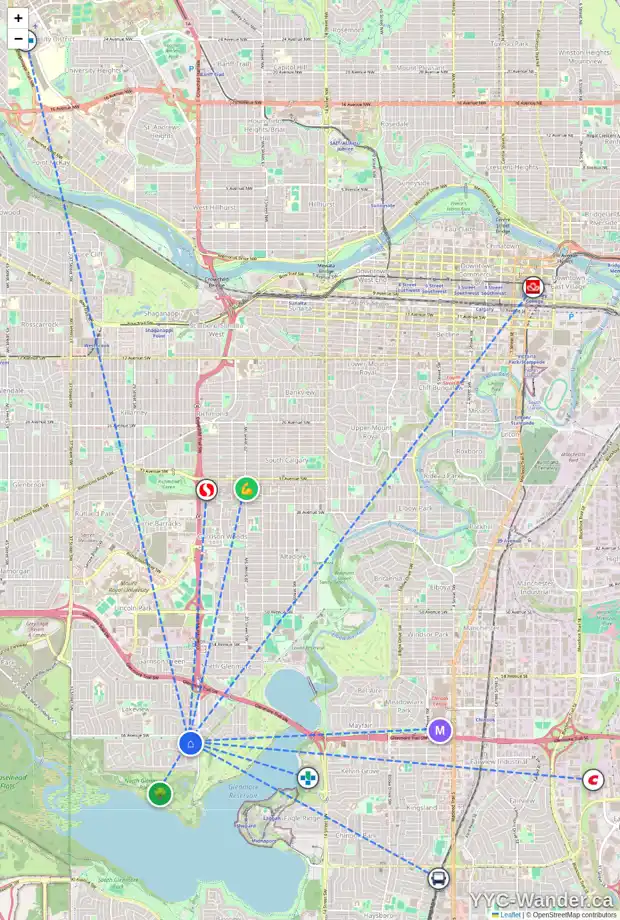 Daily accessibility map for 6706 LACHINE CO SW, Calgary showing nearby schools, grocery stores, parks, LRT stations and nearby amenities